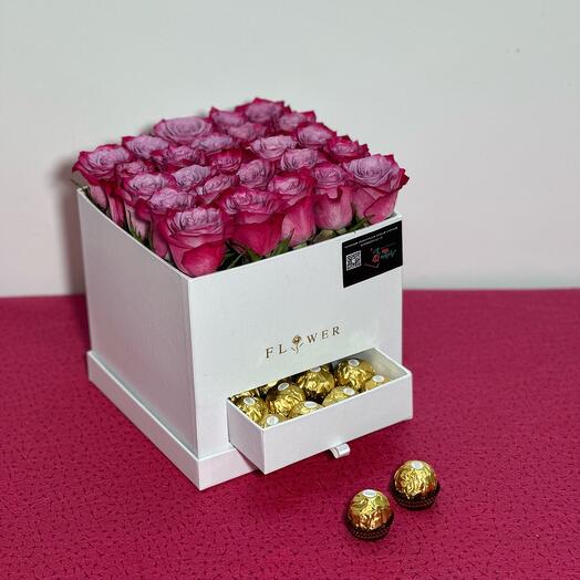 Purple Roses Box And Ferrero Chocolate