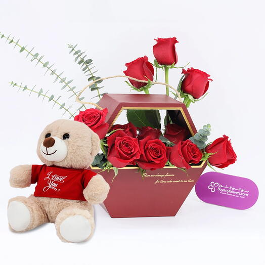 With You 11 Red Roses Box and I Love You Teddy