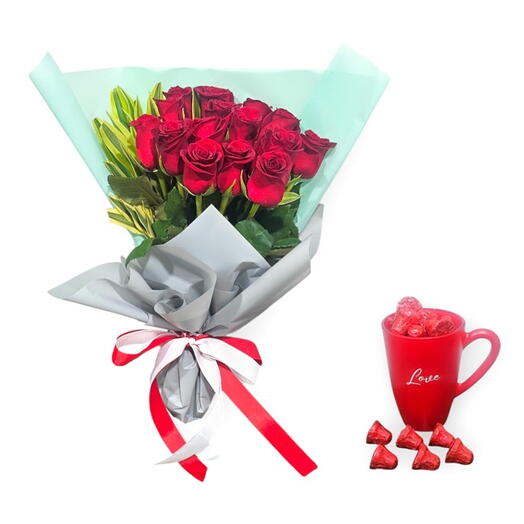 Rosy Reverie Bouquet and Chocolates with Love Mug