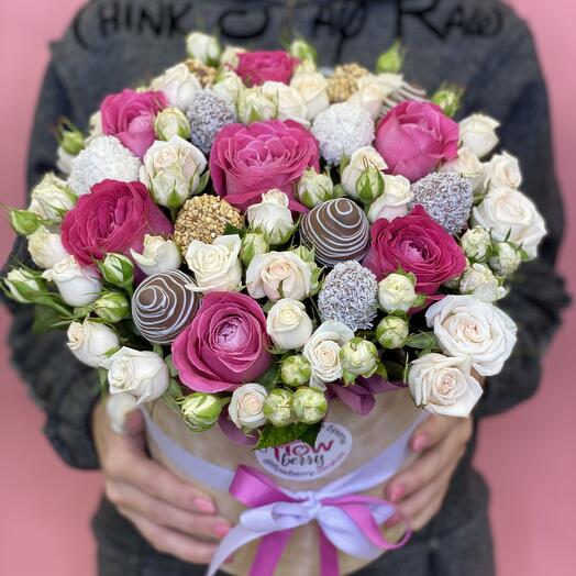 Strawberries in a box and flowers " Angel's Gift"