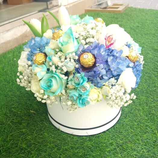 Flower Box With Blue And White Color Flowers And Chocolates