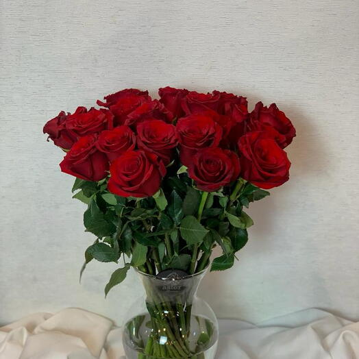 Red Love: 20 Stems of Fresh Red Roses in Glass Vase