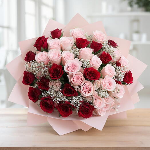 Valentines Day Red and Pink Roses Pink Wrapped Bouquet