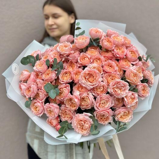 Роскошный букет «Персиковое кружево» из 17 пионовидных кустовых роз Джульетта🧡