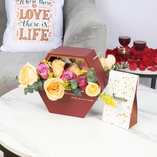 With You 15 Roses Box and Sweecho Chocolates 100gm