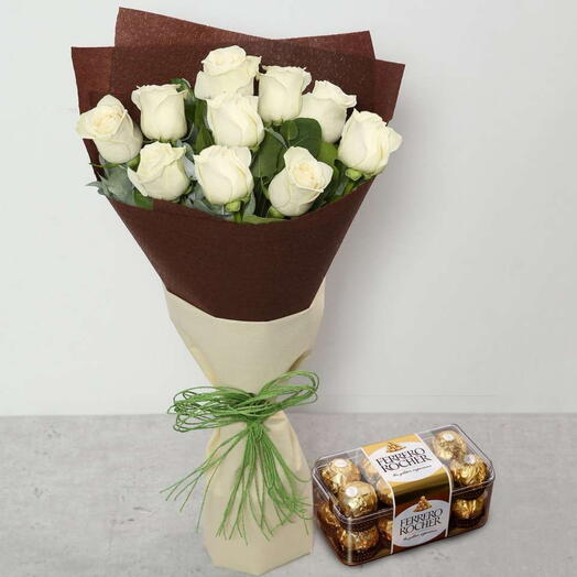 White rose bouquet with Ferrero Rocher chocolate