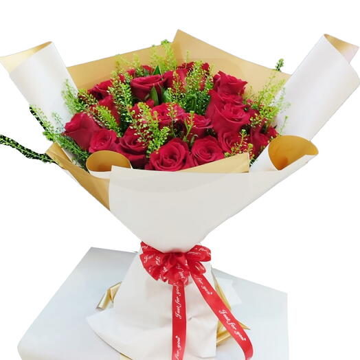 Luxurious Red Roses Bouquet 25 Red Roses with 5 Solidago Flowers