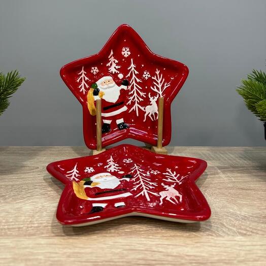 Набор блюд-звезда 2 шт Рождественский Сочельник керамика красный