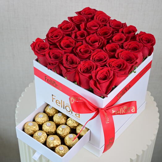 Red Rose And Ferrero In White Box 3802