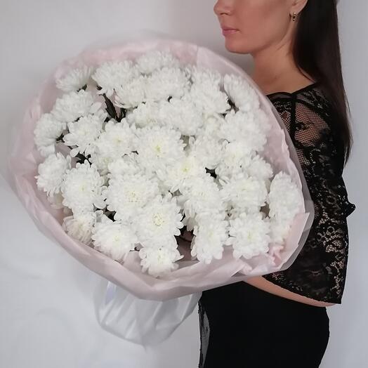 😍Пышный букет из белоснежных кустовых хризантем в нежном оформлении