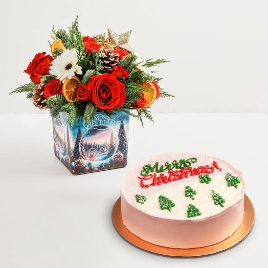 Merry Christmas Happiness Cake with Flowers