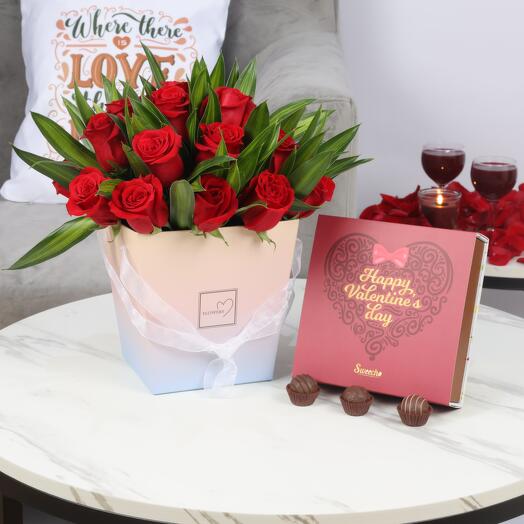 Box of Love 21 Red Roses with Valentine Chocolates By Sweecho