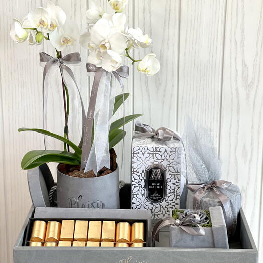 Luxury Gray Gift Tray with Orchids Chocolates perfume Candle