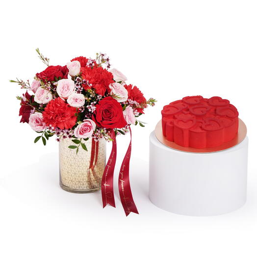 Mix Roses in Golden Vase with Valentine s Red Velvet Cake Combo