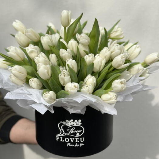 75 White tulips in a box