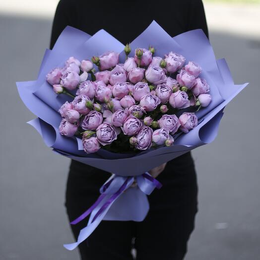 A bouquet of 15 bushy Lavender Bubbles peony-shaped roses in a designer package