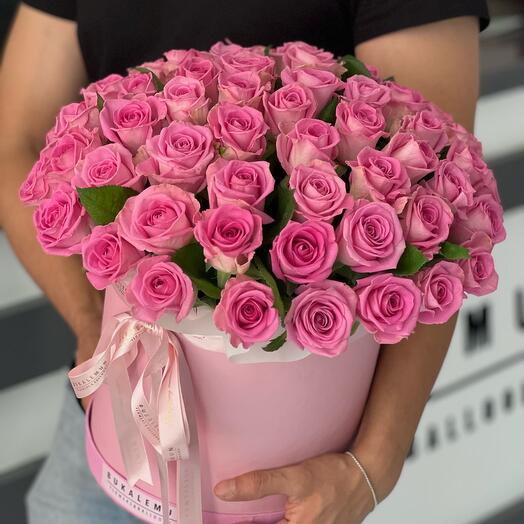 61 pink roses in box