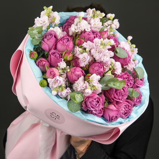 The author's bouquet "Heart of love" with bushy peony rose misty bubbles and fragrant mattiolla