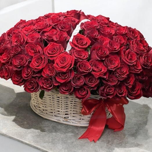 150 red roses in basket