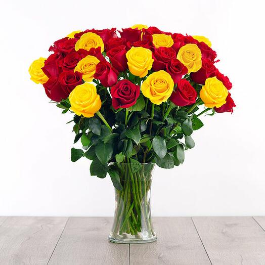 Majestically Red and Yellow Roses Glass Vase