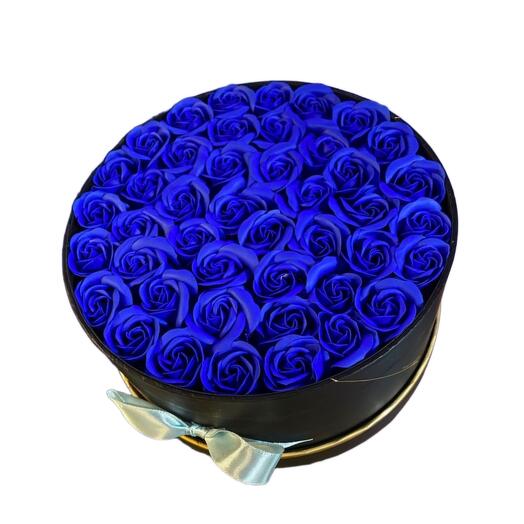 Blue Roses in Black Round Box