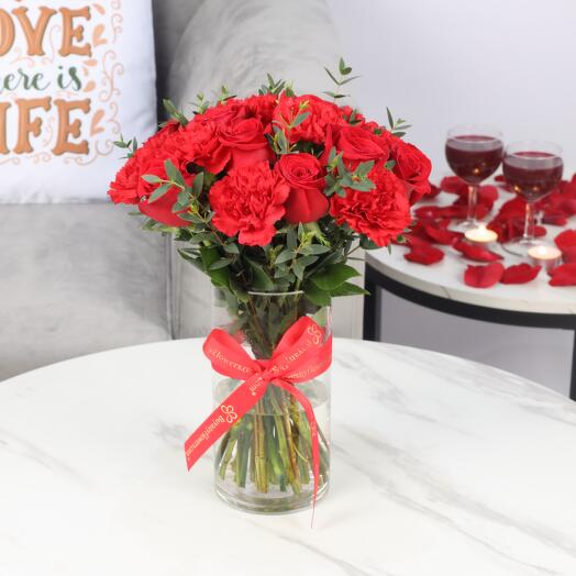 Love 21 Red Roses and Carnations in Vase