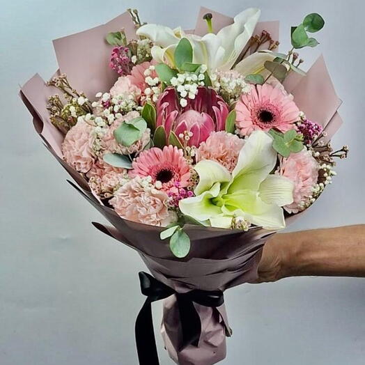 Fragrant Blooms Bouquet - Lilies, Gerberas, Cinerarias, Protea   Gypsophila with Ribbon Bow