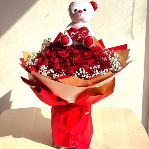 Red Rose and Teddy Bouquet