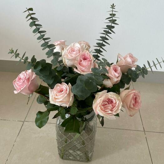 Bunch of Pink Roses with Eucalyptus