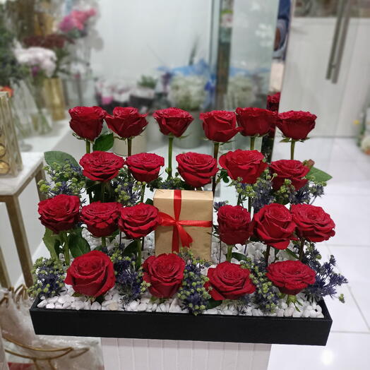 Layered Red Rose Arrangement with Eringium