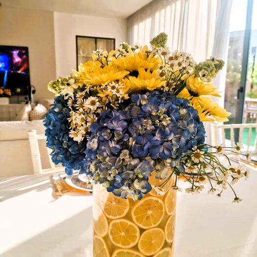 Refreshing Hydrangea Blue   Ornithogalum Arrangement with Citrus Twist