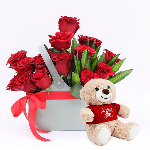 Present 15 Red Roses Box and I Love You Teddy