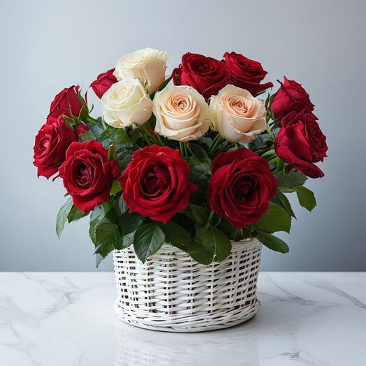 Valentines Day Red and Peach Roses Basket Arrangement