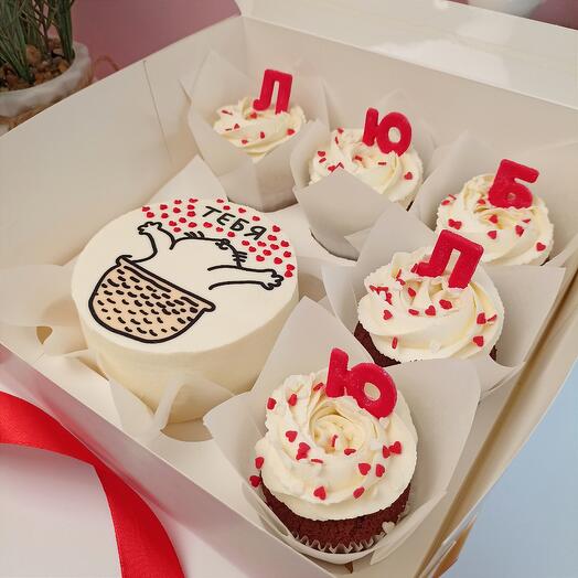 Бенто-торт + капкейки с признанием в любви "Люблю". Подарок любимой, любимому. Подарок на день влюбленных