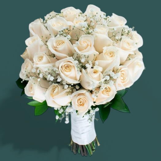 White Rose Bridal Bouquet with Gypsophila Accents