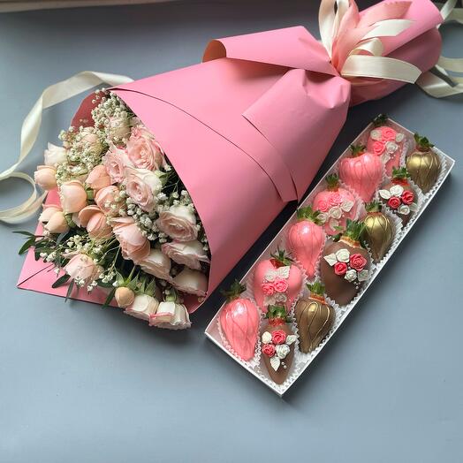 Juego de fresas cubiertas de chocolate belga y ramo de rosas arbustivas