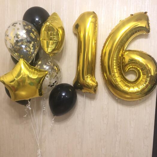 Helium balloons gold with black for a birthday of 16 years 10 pcs