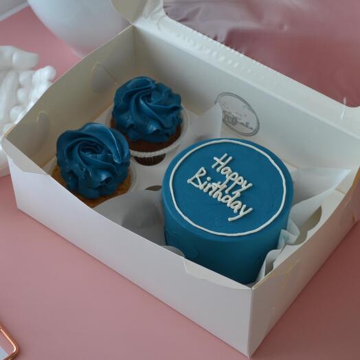A set of bento cake with cupcakes for a guy "Happy birthday"