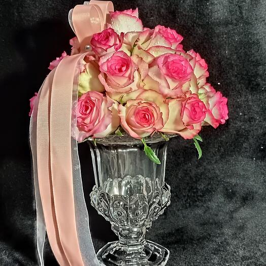 Pink Roses in Crystal Vase