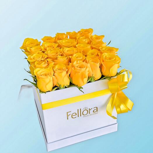 Yellow Roses In White Square Box