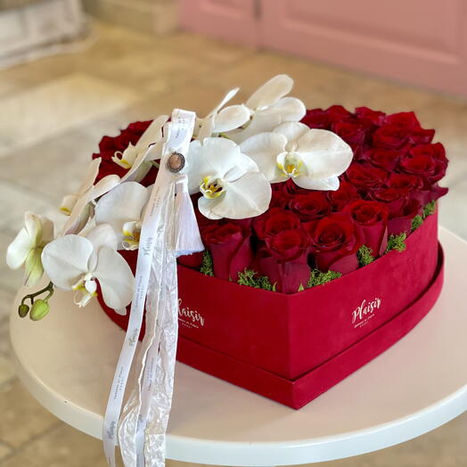 XL Heart Shape Red Rose Box with Orchid Stem