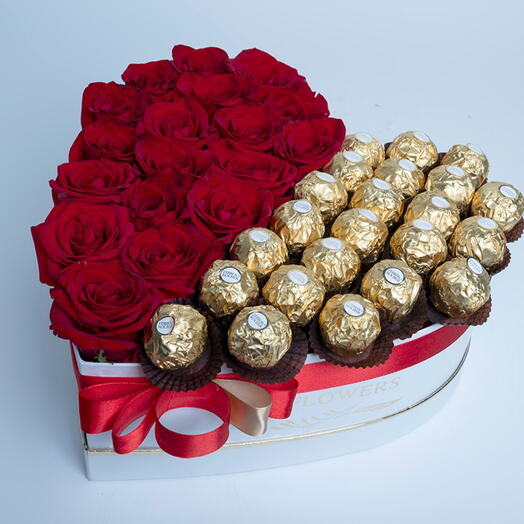 Chocolate And Roses In A White Heart Box