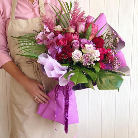 Luxury Pink and purple bouquet with roses orchids and protea