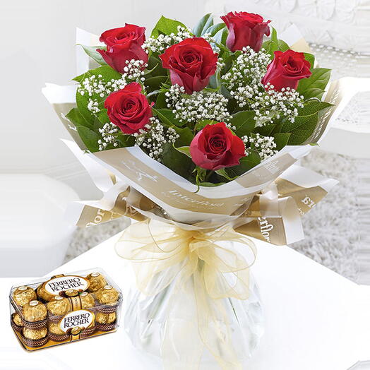 Bouquet of 6 Red Roses with Ferrero Rocher Chocolate Box