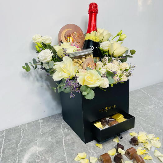 Premium White Rose and Gourmet Gift Box