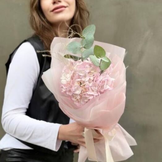 Bouquet of pink hydrangea and eucalyptus