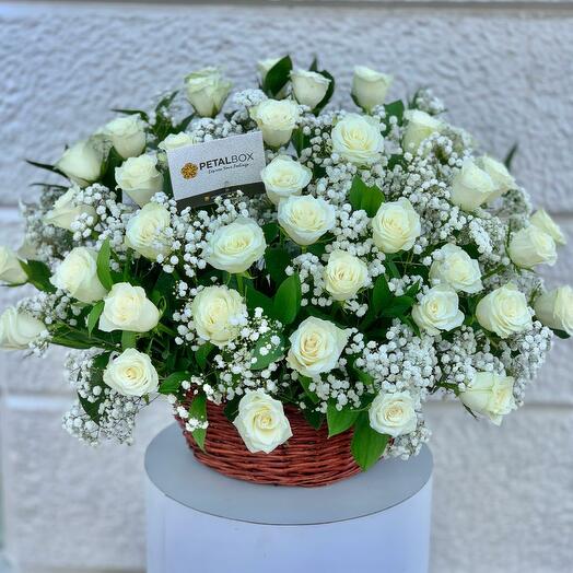 White Roses in basket(one side Flower Arrangement)