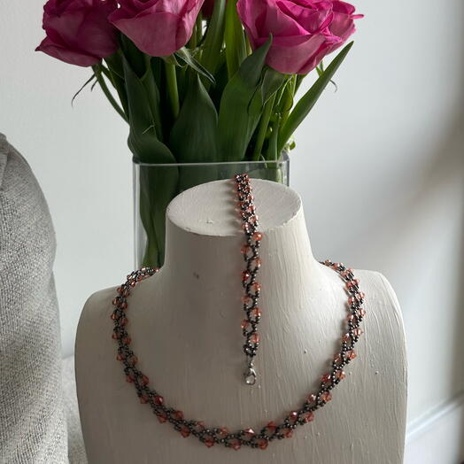 Gray Color Seed and Orange Color Bicone Beaded Set
