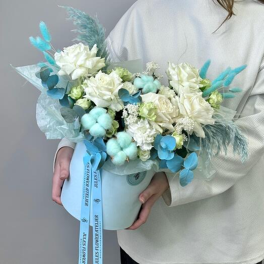 Mint Breeze Flowers in a box with playa blanca rose, dianthus, cotton and Miss bombastic bush rose