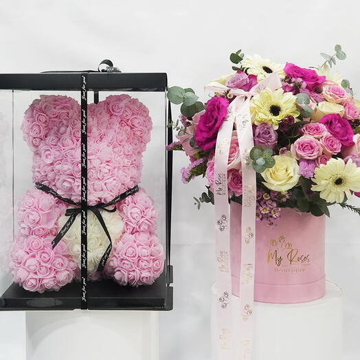 Blooming dale arrangement with pink foam teddy bear 40cm